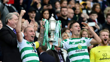 GLASGOW, SCOTLAND - MAY 25: Michael Lustig (R), and Scott Brown of Celtic celebrate winning the Scottish Cup during the Scottish Cup Final between Heart of Midlothian FC and Celtic FC at Hampden Park on May 25, 2019 in Glasgow, Scotland. (Photo by Mark Runnacles/Getty Images)