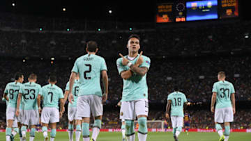 BARCELONA, SPAIN - OCTOBER 02: Lautaro Martinez of Inter Milan celebrates after he scores his sides first goal during the UEFA Champions League group F match between FC Barcelona and FC Internazionale at Camp Nou on October 02, 2019 in Barcelona, Spain. (Photo by Alex Caparros/Getty Images)