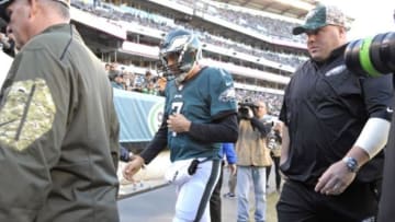 Nov 15, 2015; Philadelphia, PA, USA; Philadelphia Eagles quarterback Sam Bradford (7) walks off the field in the third quarter after injuring his shoulder against the Miami Dolphins during the third quarter at Lincoln Financial Field. The Dolphins defeated the Eagles, 20-19. Mandatory Credit: Eric Hartline-USA TODAY Sports