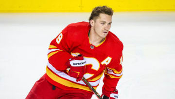 May 5, 2022; Calgary, Alberta, CAN; Calgary Flames left wing Matthew Tkachuk (19) skates during the warm-up period against the Dallas Stars in game two of the first round of the 2022 Stanley Cup Playoffs at Scotiabank Saddledome. Mandatory Credit: Sergei Belski-USA TODAY Sports