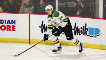 WINDSOR, ONTARIO - MARCH 02: Defenceman Logan Mailloux #24 of the London Knights skates against the Windsor Spitfires at the WFCU Centre on March 2, 2023 in Windsor, Ontario, Canada. (Photo by Dennis Pajot/Getty Images)