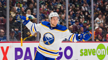 Mar 20, 2022; Vancouver, British Columbia, CAN; Buffalo Sabres forward Jeff Skinner (53) celebrates his goal against the Vancouver Canucks in the second period at Rogers Arena. Mandatory Credit: Bob Frid-USA TODAY Sports