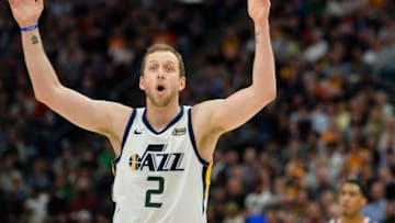SALT LAKE CITY, UT - MARCH 25: Joe Ingles #2 of the Utah Jazz reacts to a play during a game against the Phoenix Suns at Vivint Smart Home Arena on March 25, 2019 in Salt Lake City, Utah. NOTE TO USER: User expressly acknowledges and agrees that, by downloading and or using this photograph, User is consenting to the terms and conditions of the Getty Images License Agreement. (Photo by Alex Goodlett/Getty Images)