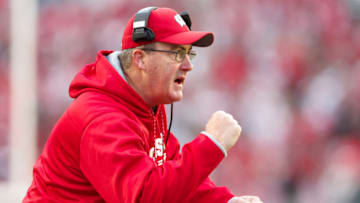 Oct 12, 2019; Madison, WI, USA; Wisconsin Badgers head coach Paul Chryst reacts following a score during the fourth quarter against the Michigan State Spartans at Camp Randall Stadium. Mandatory Credit: Jeff Hanisch-USA TODAY Sports