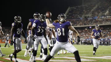 CANTON, OH - AUGUST 02: Hayden Hurst #81 of the Baltimore Ravens reacts after a touchdown reception against the Chicago Bears in the third quarter of the Hall of Fame Game at Tom Benson Hall of Fame Stadium on August 2, 2018 in Canton, Ohio. (Photo by Joe Robbins/Getty Images)