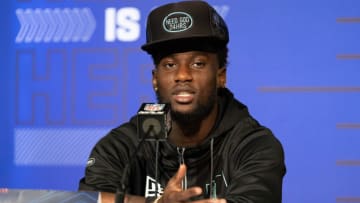 Mar 5, 2022; Indianapolis, IN, USA; Florida defensive back Kaiir Elam (DB09) talks to the media during the 2022 NFL Scouting Combine at Lucas Oil Stadium. Mandatory Credit: Trevor Ruszkowski-USA TODAY Sports