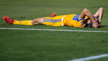 MONTERREY, MEXICO - MARCH 13: Jurgen Damm of Tigres lies on the ground during the quarterfinals second leg match between Tigres UANL and Toronto FC as part of the CONCACAF Champions League 2018 at Universitario Stadium on March 13, 2018 in Monterrey, Mexico. (Photo by Azael Rodriguez/Getty Images)