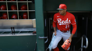 May 15, 2022; Pittsburgh, Pennsylvania, USA; Cincinnati Reds starting pitcher Hunter Greene (21) enters the dugout to warm up before the game against the Pittsburgh Pirates at PNC Park. Mandatory Credit: Charles LeClaire-USA TODAY Sports