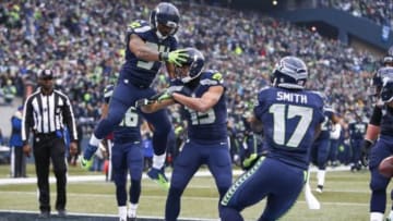 Nov 29, 2015; Seattle, WA, USA; Seattle Seahawks wide receiver Jermaine Kearse (15) celebrates his touchdown reception against the Pittsburgh Steelers with running back Thomas Rawls (34) during the second quarter at CenturyLink Field. Mandatory Credit: Joe Nicholson-USA TODAY Sports
