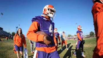 Jan 9, 2016; Scottsdale , AZ, USA; Clemson Tigers quarterback Deshaun Watson (4) runs during practice at Scottsdale Community College. Mandatory Credit: Joe Camporeale-USA TODAY Sports