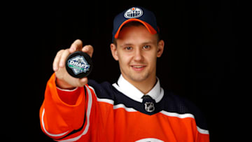 VANCOUVER, BRITISH COLUMBIA - JUNE 22: Ilya Konovalov poses after being selected 85th overall by the Edmonton Oilers during the 2019 NHL Draft at Rogers Arena on June 22, 2019 in Vancouver, Canada. (Photo by Kevin Light/Getty Images)