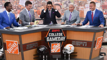 BRISTOL, TN - SEPTEMBER 10: ESPN's Desmond Howard, Rece Davis, David Pollack, Lee Corso, and Kirk Herbstreit on set during College Gameday prior to the game between the Virginia Tech Hokies and the Tennessee Volunteers at Bristol Motor Speedway on September 10, 2016 in Bristol, Tennessee. (Photo by Michael Shroyer/Getty Images)