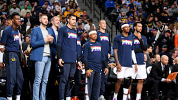 DENVER, CO - APRIL 10: The Denver Nuggets bench looks on during the game against the Minnesota Timberwolves on April 10, 2019 at the Pepsi Center in Denver, Colorado. NOTE TO USER: User expressly acknowledges and agrees that, by downloading and/or using this Photograph, user is consenting to the terms and conditions of the Getty Images License Agreement. Mandatory Copyright Notice: Copyright 2019 NBAE (Photo by Garrett Ellwood/NBAE via Getty Images)