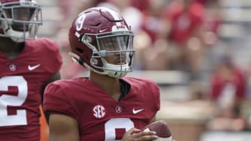 Sep 11, 2021; Tuscaloosa, Alabama, USA; Alabama Crimson Tide quarterback Bryce Young (9) during warm ups at Bryant-Denny Stadium. Mandatory Credit: Marvin Gentry-USA TODAY Sports