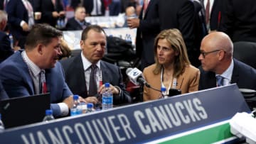 MONTREAL, QUEBEC - JULY 08: The Vancouver Canucks draft table during Round Three of the 2022 Upper Deck NHL Draft at Bell Centre on July 08, 2022 in Montreal, Quebec, Canada. (Photo by Bruce Bennett/Getty Images)