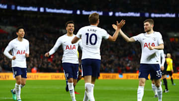 LONDON, ENGLAND - APRIL 30: Harry Kane of Tottenham Hotspur celebrates scoring his side's second goal with team mates Ben Davies, Dele Alli and Heung-Min Son during the Premier League match between Tottenham Hotspur and Watford at Wembley Stadium on April 30, 2018 in London, England. (Photo by Clive Rose/Getty Images)