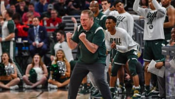 INDIANAPOLIS, INDIANA - MARCH 12: Head Basketball Coach Tom Izzo of the Michigan State Spartans reacts to a play during the second half of a Men's Big Ten Tournament Semifinals game against the Purdue Boilermakers at Gainbridge Fieldhouse on March 12, 2022 in Indianapolis, Indiana. The Purdue Boilermakers won the game 75-70 over the Michigan State Spartans. (Photo by Aaron J. Thornton/Getty Images)