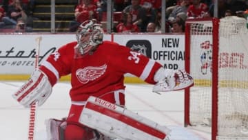 Feb 6, 2016; Detroit, MI, USA; Detroit Red Wings goalie Petr Mrazek (34) makes the save during the second period of the game against the New York Islanders at Joe Louis Arena. Mandatory Credit: Leon Halip-USA TODAY Sports