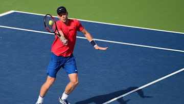 WINSTON-SALEM, NC - AUGUST 24: Kyle Edmund of Great Britain returns a shot to Steve Johnson during their quarterfinals match of the Winston-Salem Open at Wake Forest University on August 24, 2017 in Winston-Salem, North Carolina. (Photo by Jared C. Tilton/Getty Images)
