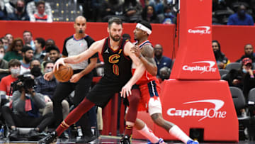 WASHINGTON, DC - DECEMBER 30: Kevin Love #0 of the Cleveland Cavaliers posts up against Bradley Beal #3 of the Washington Wizards in the third quarter at the Capital One Arena on December 30, 2021 in Washington, DC. (Photo by Mitchell Layton/Getty Images)