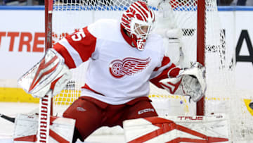 Nov 7, 2023; New York, New York, USA; Detroit Red Wings goaltender Ville Husso (35) plays the puck against the New York Rangers during the third period at Madison Square Garden. Mandatory Credit: Brad Penner-USA TODAY Sports