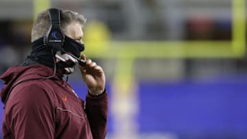 Nov 21, 2020; Pittsburgh, Pennsylvania, USA; Virginia Tech Hokies head coach Justin Fuente looks on from the sidelines against the Pittsburgh Panthers during the fourth quarter at Heinz Field. Mandatory Credit: Charles LeClaire-USA TODAY Sports