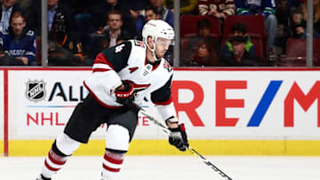 VANCOUVER, BC - JANUARY 10: Niklas Hjalmarsson #4 of the Arizona Coyotes skates up ice during their NHL game against the Vancouver Canucks at Rogers Arena January 10, 2019 in Vancouver, British Columbia, Canada. (Photo by Jeff Vinnick/NHLI via Getty Images)"n