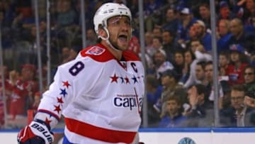 May 2, 2015; New York, NY, USA; Washington Capitals left wing Alex Ovechkin (8) celebrates after scoring a goal against the New York Rangers during the third period in game two of the second round of the 2015 Stanley Cup Playoffs at Madison Square Garden. The Rangers defeated the Capitals 3 - 2. Mandatory Credit: Adam Hunger-USA TODAY Sports