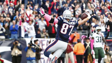 Oct 25, 2015; Foxborough, MA, USA; New England Patriots tight end Rob Gronkowski (87) celebrates a touchdown against the New York Jets during the second half at Gillette Stadium. Mandatory Credit: Mark L. Baer-USA TODAY Sports