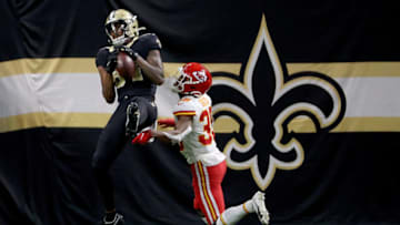 Lil'Jordan Humphrey #84 of the New Orleans Saints catches a touchdown pass over L'Jarius Sneed #38 of the Kansas City Chiefs (Photo by Chris Graythen/Getty Images)