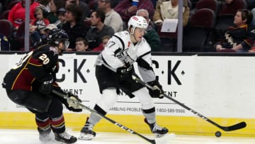 CLEVELAND, OH - APRIL 06: San Antonio Rampage left wing Samuel Blais (17) is defended by Cleveland Monsters center Justin Scott (20) during the third period of the American Hockey League game between the San Antonio Rampage and Cleveland Monsters on April 6, 2018, at Quicken Loans Arena in Cleveland, OH. Cleveland defeated San Antonio 6-3. (Photo by Frank Jansky/Icon Sportswire via Getty Images)