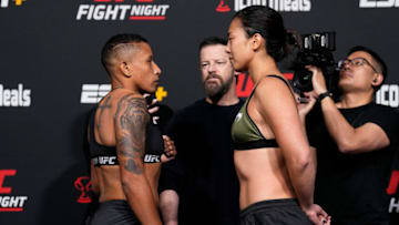 LAS VEGAS, NEVADA - FEBRUARY 25: (L-R) Opponents Josiane Nunes of Brazil and Ramona Pascual face off during the UFC Fight Night weigh-in at UFC APEX on February 25, 2022 in Las Vegas, Nevada. (Photo by Chris Unger/Zuffa LLC)
