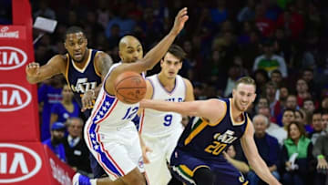 Nov 7, 2016; Philadelphia, PA, USA; Philadelphia 76ers guard Gerald Henderson (12) steals the ball from Utah Jazz forward Gordon Hayward (20) during the first quarter at Wells Fargo Center. Mandatory Credit: Eric Hartline-USA TODAY Sports