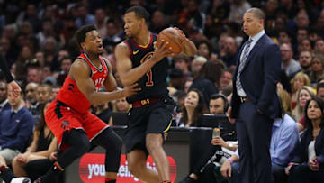 CLEVELAND, OH - MAY 05: Rodney Hood #1 of the Cleveland Cavaliers is defended by Kyle Lowry #7 of the Toronto Raptors during the first half of Game Three of the Eastern Conference Semifinals during the 2018 NBA Playoffs at Quicken Loans Arena on May 5, 2018 in Cleveland, Ohio. NOTE TO USER: User expressly acknowledges and agrees that, by downloading and or using this photograph, User is consenting to the terms and conditions of the Getty Images License Agreement. (Photo by Gregory Shamus/Getty Images)
