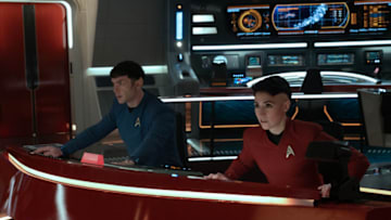 Ethan Peck as Spock and Melissa Navia as Ortegas appearing in episode 204 “Among The Lotus Eaters” of Star Trek: Strange New Worlds, streaming on Paramount+, 2023. Photo Cr: Michael Gibson/Paramount+