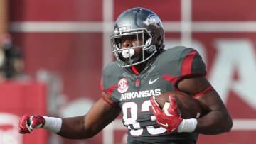 Nov 5, 2016; Fayetteville, AR, USA; Arkansas Razorbacks tight end Jeremy Sprinkle (83) runs after a catch in the second quarter against the Florida Gators at Donald W. Reynolds Razorback Stadium. Mandatory Credit: Nelson Chenault-USA TODAY Sports