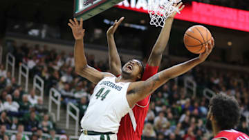 EAST LANSING, MI - DECEMBER 3: Nick Ward #44 of the Michigan State Spartans shoots the ball during the game against the Nebraska Cornhuskers at Breslin Center on December 3, 2017 in East Lansing, Michigan. (Photo by Rey Del Rio/Getty Images)