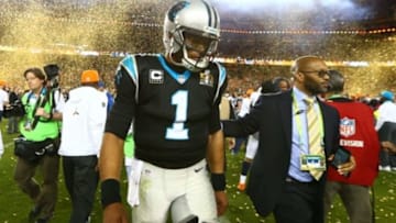 Feb 7, 2016; Santa Clara, CA, USA; Carolina Panthers quarterback Cam Newton (1) walks off the field after Super Bowl 50 against the Denver Broncos at Levi