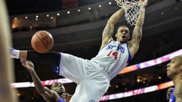 Jan 28, 2015; Philadelphia, PA, USA; Philadelphia 76ers guard K.J. McDaniels (14) misses a dunk after he was fouled during the fourth quarter of the game against the Detroit Pistons at the Wells Fargo Center. The Sixers beat the Pistons 89-69. Mandatory Credit: John Geliebter-USA TODAY Sports