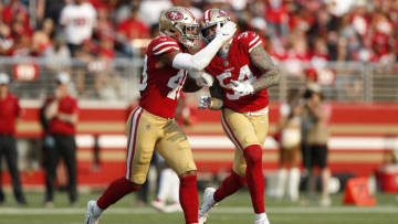 SANTA CLARA, CA - OCTOBER 07: Fred Warner #48 and Cassius Marsh #54 of the San Francisco 49ers react to a play against the Arizona Cardinals during their NFL game at Levi's Stadium on October 7, 2018 in Santa Clara, California. (Photo by Jason O. Watson/Getty Images)