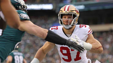 Jan 29, 2023; Philadelphia, Pennsylvania, USA; San Francisco 49ers defensive end Nick Bosa (97) battles with Philadelphia Eagles offensive tackle Lane Johnson (65) during the second quarter in the NFC Championship game at Lincoln Financial Field. Mandatory Credit: Bill Streicher-USA TODAY Sports