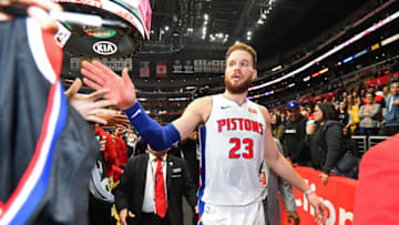 LOS ANGELES, CA - JANUARY 12: Blake Griffin #23 of the Detroit Pistons hi-fives fans as his exits the court after the game against the LA Clippers on January 12, 2019 at STAPLES Center in Los Angeles, California. NOTE TO USER: User expressly acknowledges and agrees that, by downloading and/or using this photograph, user is consenting to the terms and conditions of the Getty Images License Agreement. Mandatory Copyright Notice: Copyright 2019 NBAE (Photo by Andrew D. Bernstein/NBAE via Getty Images)