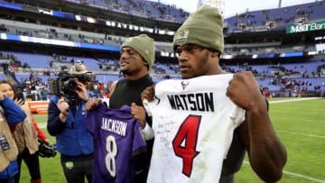 BALTIMORE, MARYLAND - NOVEMBER 17: Quarterbacks Lamar Jackson #8 of the Baltimore Ravens and Deshaun Watson #4 of the Houston Texans exchange jerseys following the Ravens win at M&T Bank Stadium on November 17, 2019 in Baltimore, Maryland. (Photo by Rob Carr/Getty Images)