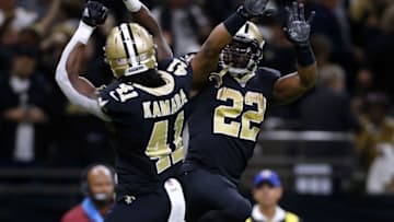 NEW ORLEANS, LA - JANUARY 07: Alvin Kamara #41 of the New Orleans Saints and Mark Ingram #22 celebrate during the second half of the NFC Wild Card playoff game against the Carolina Panthers at the Mercedes-Benz Superdome on January 7, 2018 in New Orleans, Louisiana. (Photo by Jonathan Bachman/Getty Images)