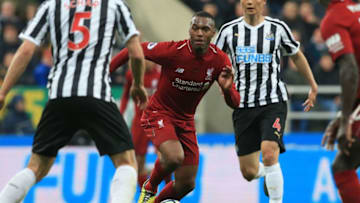Liverpool's English striker Daniel Sturridge runs with the ball during the English Premier League football match between Newcastle United and Liverpool at St James' Park in Newcastle-upon-Tyne, north east England on May 4, 2019. (Photo by Lindsey PARNABY / AFP) / RESTRICTED TO EDITORIAL USE. No use with unauthorized audio, video, data, fixture lists, club/league logos or 'live' services. Online in-match use limited to 120 images. An additional 40 images may be used in extra time. No video emulation. Social media in-match use limited to 120 images. An additional 40 images may be used in extra time. No use in betting publications, games or single club/league/player publications. / (Photo credit should read LINDSEY PARNABY/AFP/Getty Images)