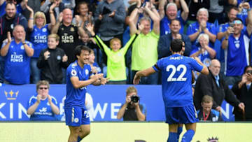 LEICESTER, ENGLAND - AUGUST 19: Shinji Okazaki of Leicester City celebrates scoring his sides first goal with Matty James of Leicester City during the Premier League match between Leicester City and Brighton and Hove Albion at The King Power Stadium on August 19, 2017 in Leicester, England. (Photo by Michael Regan/Getty Images)