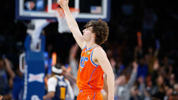OKC Thunder guard Josh Giddey (3) gestures after a three point basket against the Utah Jazz: Alonzo Adams-USA TODAY Sports