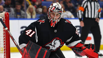 Apr 13, 2023; Buffalo, New York, USA; Buffalo Sabres goaltender Craig Anderson (41) looks to make a save during the first period against the Ottawa Senators at KeyBank Center. Mandatory Credit: Timothy T. Ludwig-USA TODAY Sports
