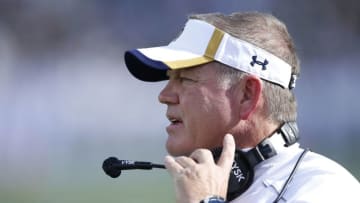SOUTH BEND, IN - SEPTEMBER 19: Head coach Brian Kelly of the Notre Dame Fighting Irish looks on against the Georgia Tech Yellow Jackets in the second quarter at Notre Dame Stadium on September 19, 2015 in South Bend, Indiana. Notre Dame defeated Georgia Tech 30-22. (Photo by Joe Robbins/Getty Images)