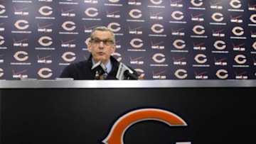 Dec 29, 2014; Lake Forest, IL, USA; Chicago Bears general manager Phil Emery addresses the media after his services with the team were terminated at Halas Hall. The Bears also dismissed head coach Marc Trestman (not pictured). Mandatory Credit: David Banks-USA TODAY Sports